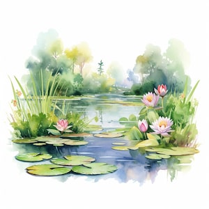 Lily Pond Clipart, 20 PNG di alta qualità, mestiere di carta, tecnica mista, creazione di carte, download digitale, acquerello