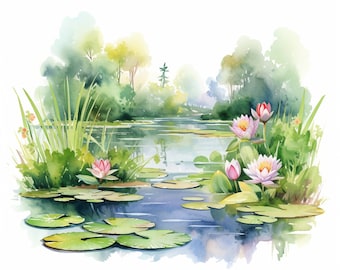 水彩画「睡蓮」 - 花の池のJPG画像8枚（デジタルダウンロード） - Etsy