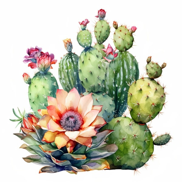 Cactus Clipart, 20 High Quality JPGs, paper craft, mixed media, card making, digital download, watercolor