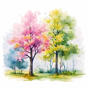 Spring Trees Clipart, 20 JPG de haute qualité, artisanat en papier, techniques mixtes, fabrication de cartes, téléchargement numérique, aquarelle