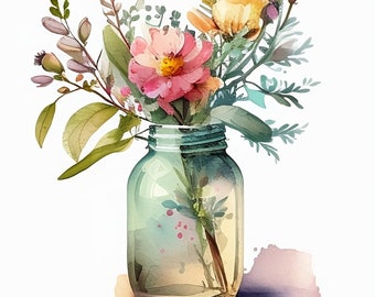 May include: A watercolor painting of a bouquet of pink, yellow, and purple flowers in a clear glass jar with a green lid. The flowers are arranged in a loose, natural style, and the jar is sitting on a white background.