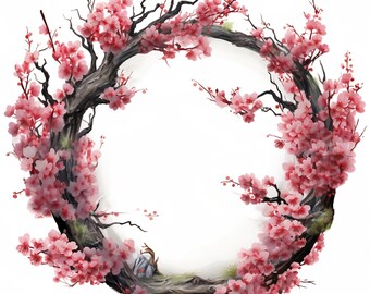 Cherry Blossom Wreaths Clipart, 20 JPG's van hoge kwaliteit, papierambacht, mixed media, kaarten maken, digitale download