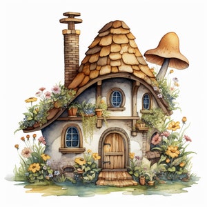 Puede incluir: Una cabaña caprichosa con un techo en forma de hongo, rodeada de exuberante vegetación y flores. La cabaña tiene una puerta marrón, paredes blancas y una chimenea. El techo está hecho de tejas marrones y tiene una forma curva única.