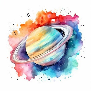 May include: Watercolor painting of Saturn with its rings, surrounded by a colorful nebula with splashes of pink, orange, blue, and purple.