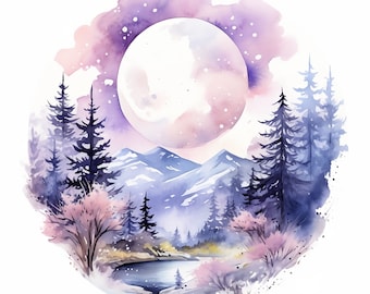 Winter Moons Clipart, 20 High Quality PNGs, paper craft, mixed media, card making, digital download, watercolor