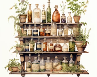 Apothekerskast Clipart, 20 PNG's van hoge kwaliteit, papierambacht, mixed media, kaarten maken, digitale download, aquarel