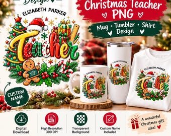Personalisierte Weihnachts-PNG-Datei für Lehrer, individuelles Geschenk mit Namen für Lehrer, Tassen- und Becher-Sublimationsdesign