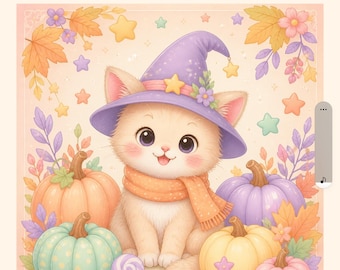 Magical Cat Halloween Coloring Book, Pastel Digital PDF (12 Pages)