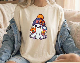 Ghost Halloween Shirt, Gem-Studded Pumpkin, Iced Coffee Tee (DTF Print)
