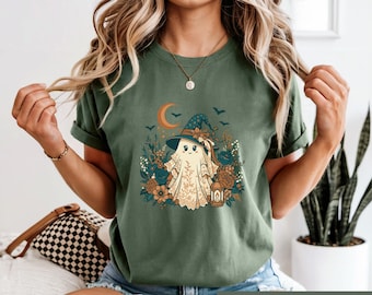 Floral Ghost Shirt, Witchy Botanical Tee, Whimsical Halloween Tshirt, Spooky Season Gift