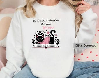 Personalized Black Cat Mom Sweatshirt, Custom Pet Name Sweater, Book Lover Hoodie (Digital Download)