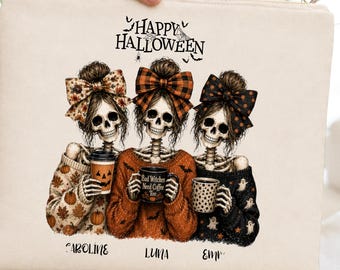 Personalized Halloween Skeleton Sweatshirt, Three Friends Crewneck, Custom Name Gift