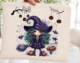 Witch Girl Halloween Clipart, Purple Pumpkin Bats (Digital Download)