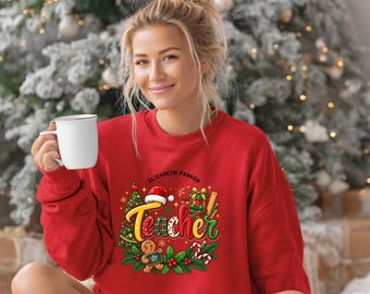 Personalized Christmas Teacher PNG, Custom Name Teacher Gift, Mug Tumbler Sublimation Design