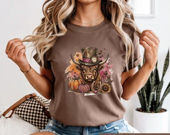 Halloween Cow Shirt, Steampunk Highland Cow Tee, Western Fall Heifer Graphic, Spooky Season Gift