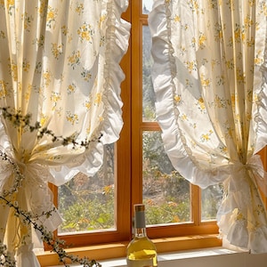 Rustic Flowers Print Semi-shading Curtains, Cotton Blackout Window Curtain,Romantic Curtains with Ruffles, French Style Floral Lace Curtains