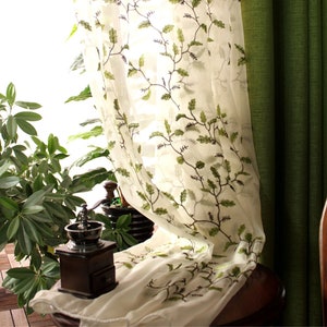 Green Linen Floor to Ceiling Floating Curtains, Living Room Bedroom Leaves Pattern Curtains, Sheer Curtain Panels,  Blackout Cotton Curtains
