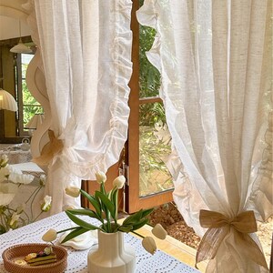 Minimalist Solid Color Linen Gauze Curtain, French Ruffle Coffee Curtain, Pastoral Balcony Curtain Panels, Bathroom Bedroom Living Room Deco