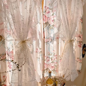 French Style Ruffle Lace Curtains, Cotton Semi-blackout Bedroom Curtains, Retro Flowers Floor to Ceiling Curtains, 2 Layers 1 Panel Curtains