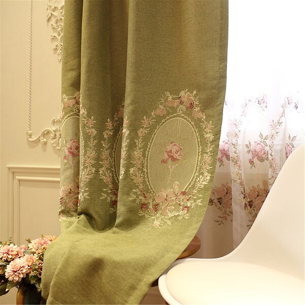 Customized French Vintage Style Cotton Linen Shading Curtains, Vintage Green Palace Style Rose Embroidery Curtains, Bedroom Blackout Curtain