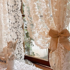 French Retro Palace Style Lace Embroidered Gauze Curtains, Cream Style Translucent Tulle Curtains, Bedroom Living Dining Room Balcony Decor