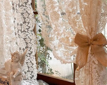 French Retro Palace Style Lace Embroidered Gauze Curtains, Cream Style Translucent Tulle Curtains, Bedroom Living Dining Room Balcony Decor