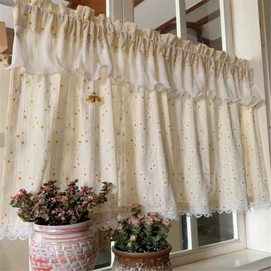 American Rural Style Floral Short Curtains, Daisy Cotton Linen Semi ...