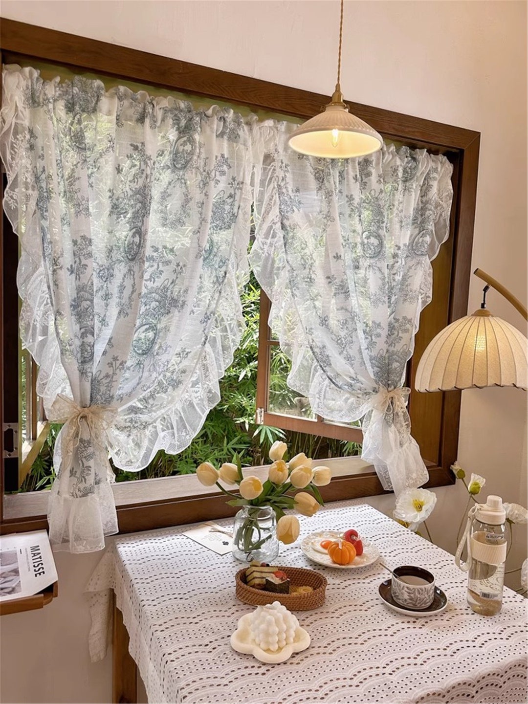 Rococo Elegant Romantic Blue Lace Ruffle Edge Curtains, Floral ...