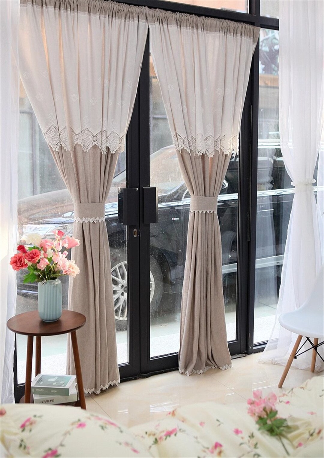 Classic Cotton Linen Flower Edge Embroidered Curtain, Simple Solid Semi