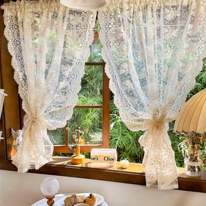 French Lace Embroidery Wavy Edge Curtains, Cream Style Beige Gauze Curtain, Floral Embroidery Door Curtains, Pastoral Style Romantic Curtain