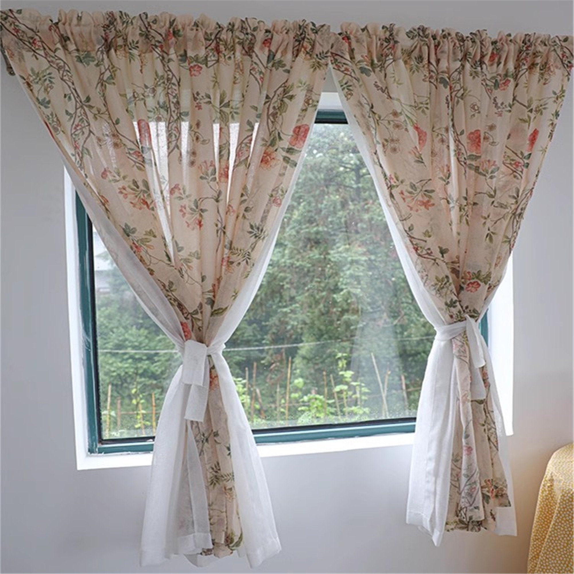 Pastoral Floral Double Layer Gauze Curtains New Pink Flower Etsy