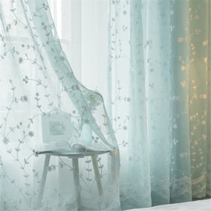 Elegant and Unique Blue Floral Embroidery Lace Gauze Curtain, Romantic Semi Blackout Sheer Curtain Panels, Bedroom Living Room Window Deco