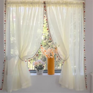 Retro Semi Shading Curtains with Colorful Tassels, Simplicity Solid Color Gauze Curtain Panels, Custom Cabinet Kitchen Balcony Window Drapes