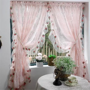 Romantic Strawberry Pine Lace Curtains, Floral Embroidered Tulle Curtains, Princess Style Girls Bedroom Sheer Curtains, Fairy Window Panels