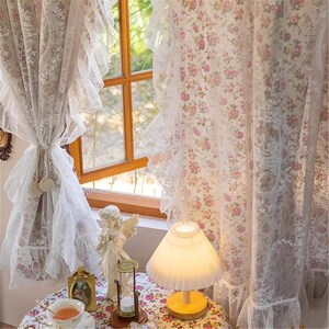 Classical Rose Patterned Lace Gauze Curtains, Pastoral Double Layered Floral Tulle Curtains, Custom Cotton Linen Semi Shading Window Drapes