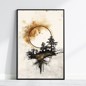 Zen Wall Art. Zen Enso Painting with Trees and Sun. Minimalism.