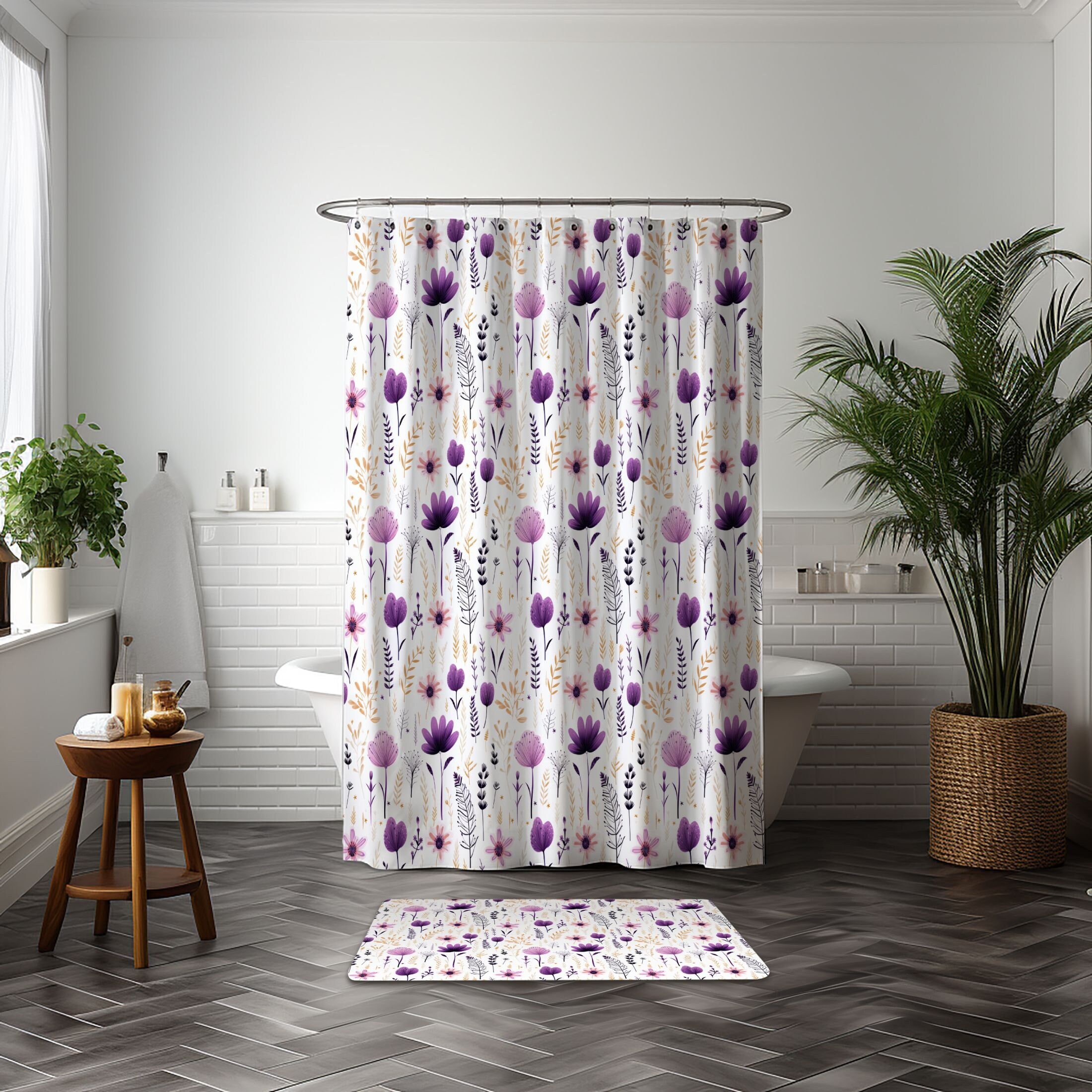 Boho Lilac Wildflowers Shower Curtain, Floral Bathroom Decor, Purple