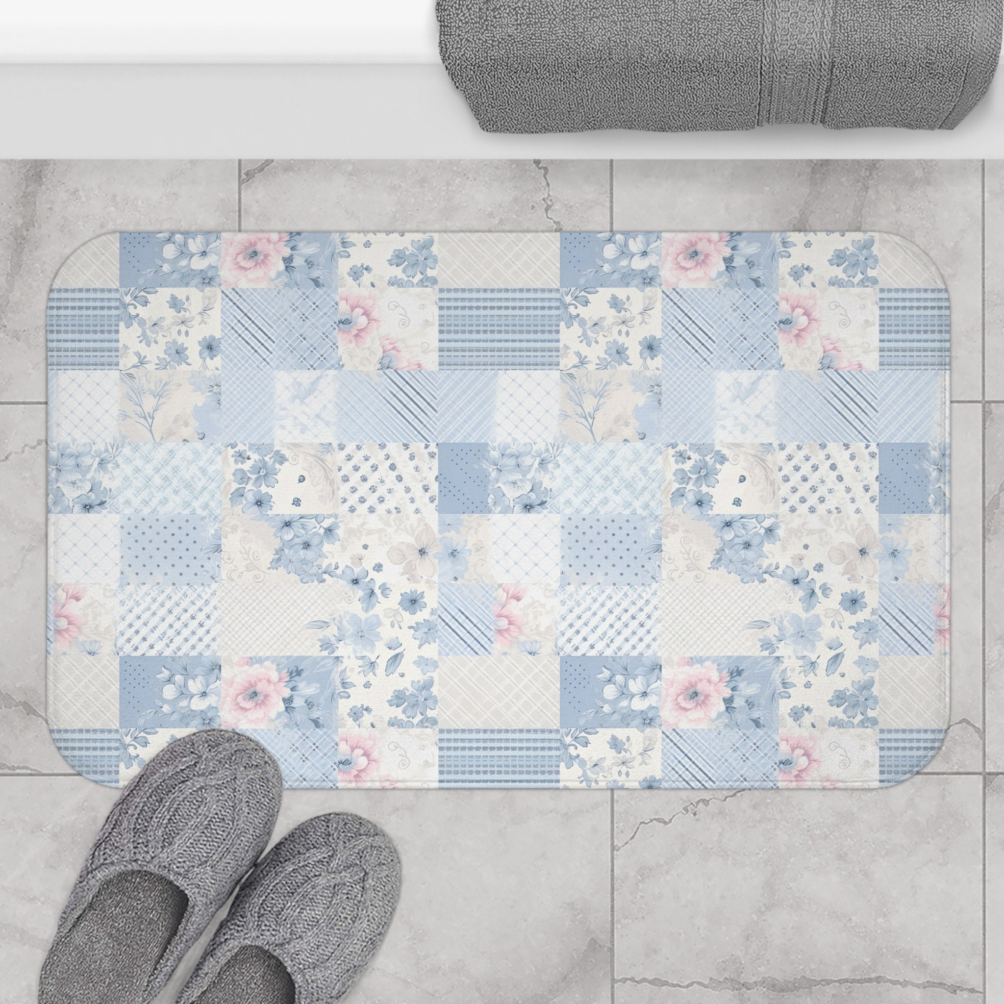 Shabby Chic Bath Mat, Farmhouse Bathroom Decor, Cottagecore Decor, Blue Patchwork Bath Mat