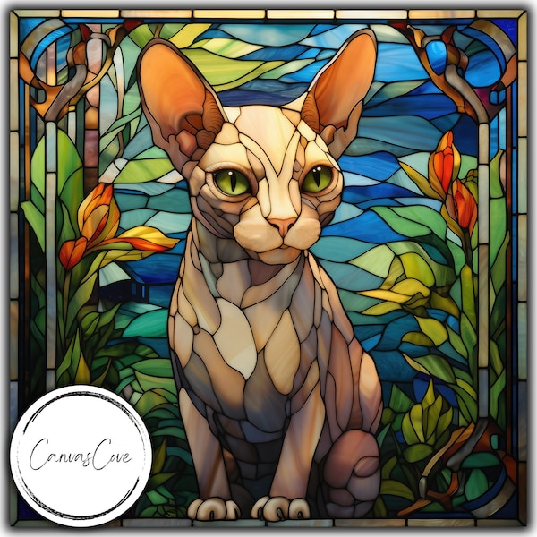 Stained Glass Cute Sphynx Cat, Stained Glass , Sublimation Designs, Stained Glass Paper, Digital Papers, PNG, Gift, Commercial Use