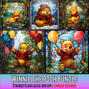 May include: Five stained glass designs showcasing Winnie the Pooh in different settings. The artwork includes Pooh with balloons, in a winter scene with a hat and scarf, and in a forest. The text "Winnie the Pooh Bundle" is displayed below the images.