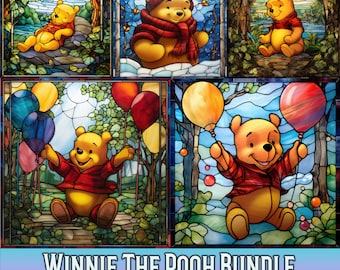 5 Stained Glass Pooh Bear, Instant Download, Sublimation Designs, Winnie Stained Glass , Digital Papers, PNG, Cute, Commercial Use