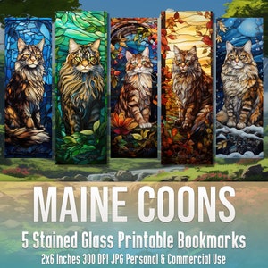 Lot de 5 marque-pages chat Maine coon en vitrail, décoration de vitrail, décoration de sublimation, décoration de tasse, papier numérique JPG, kit de journal indésirable mignon