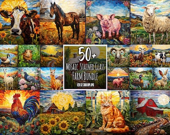 50+ Mozaikowe witraże Farm Bundle Tumbler Sublimacja Junk Journal Farm Decor Wind Spinner Sublimacja Urocze zwierzęta gospodarskie Tumbler Wrap