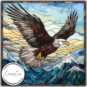 Águila calva de vidrieras, JPG, Sublimación, Descarga digital, Diseño digital, Imprimible, Naturaleza, Regalo, Animal, Montañas, Comercial Gratis