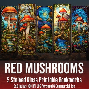 5 Vitraux Champignons rouges Signet Bundle Vitraux Décor Sublimation Fantasy Book Paysage Champignon Papier numérique JPG Junk Journal