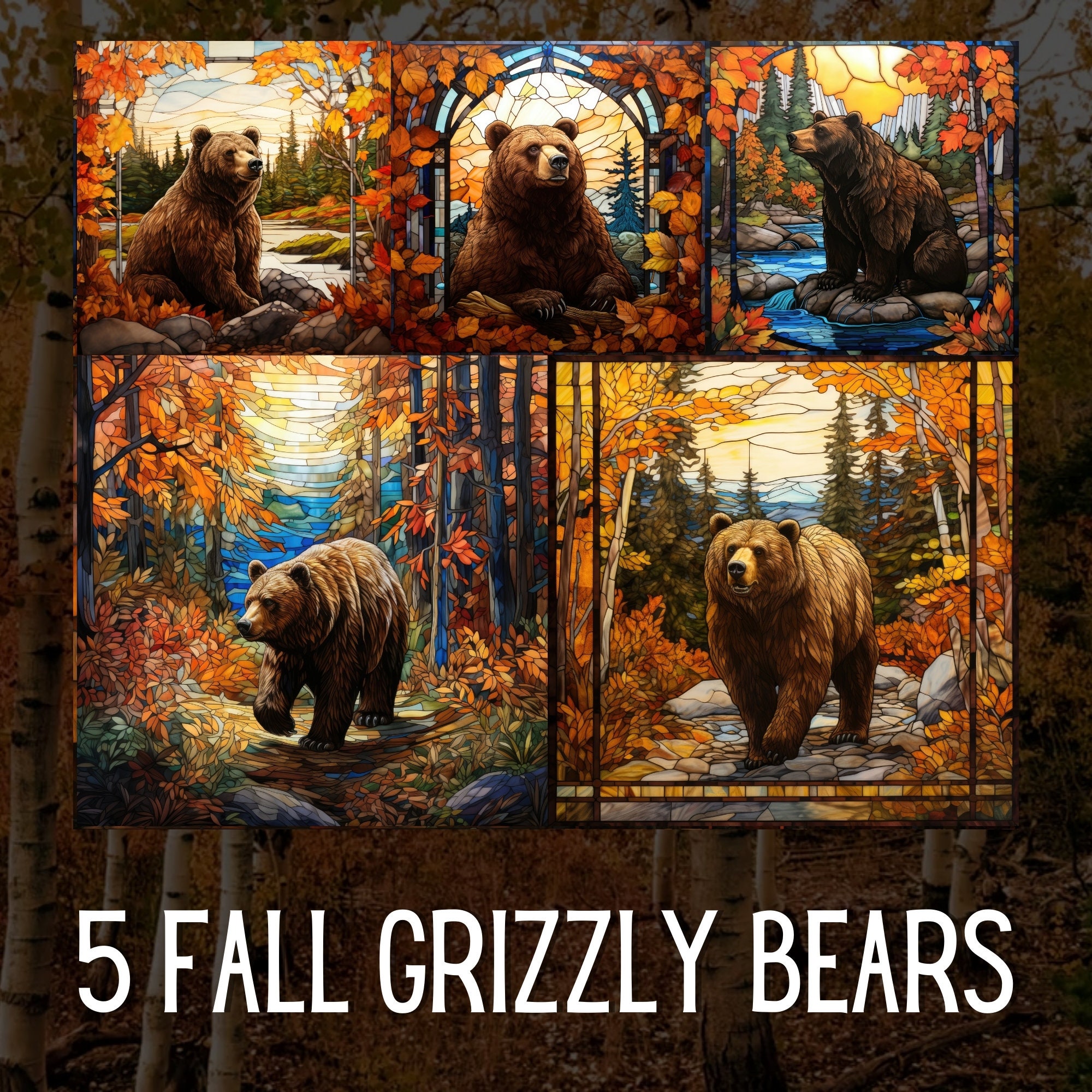 20 Stained Glass Seasonal Grizzly Bear Bundle Fall Spring Summer Winter ...