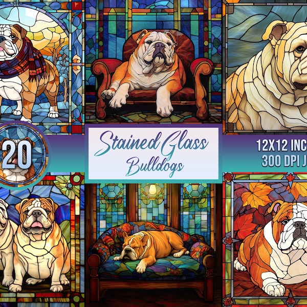 20 Stained Glass Adult Bulldogs BUNDLE - Sublimation, PNG, PDF, Gifted, Digital Download, Digital Design, Printable, Commercial Free