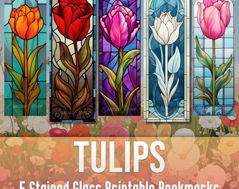 5 Stained Glass Tulip Bookmark Bundle Stained Glass Flower Garden Decor Sublimation Design Mug Decor Digital Paper JPG Junk Journal Kit