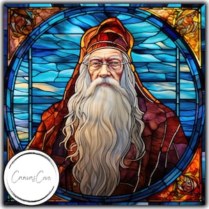May include: A stained-glass style artwork featuring a portrait of an elderly man with a long white beard, wearing a red hat and robe. The background is a vibrant blue and the artwork is framed with a black border. The Canvas Cove logo is in the lower left corner.