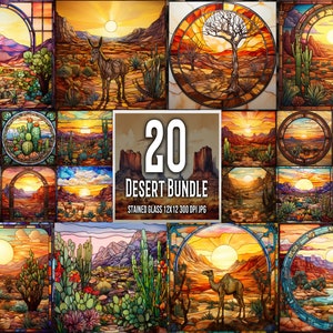 20 witraży Pustynny krajobraz Pakiet Ilustracja Clipart Sublimacja Projekt Dekoracja Cyfrowy papier JPG Junk Journal Kit Arizona Desert